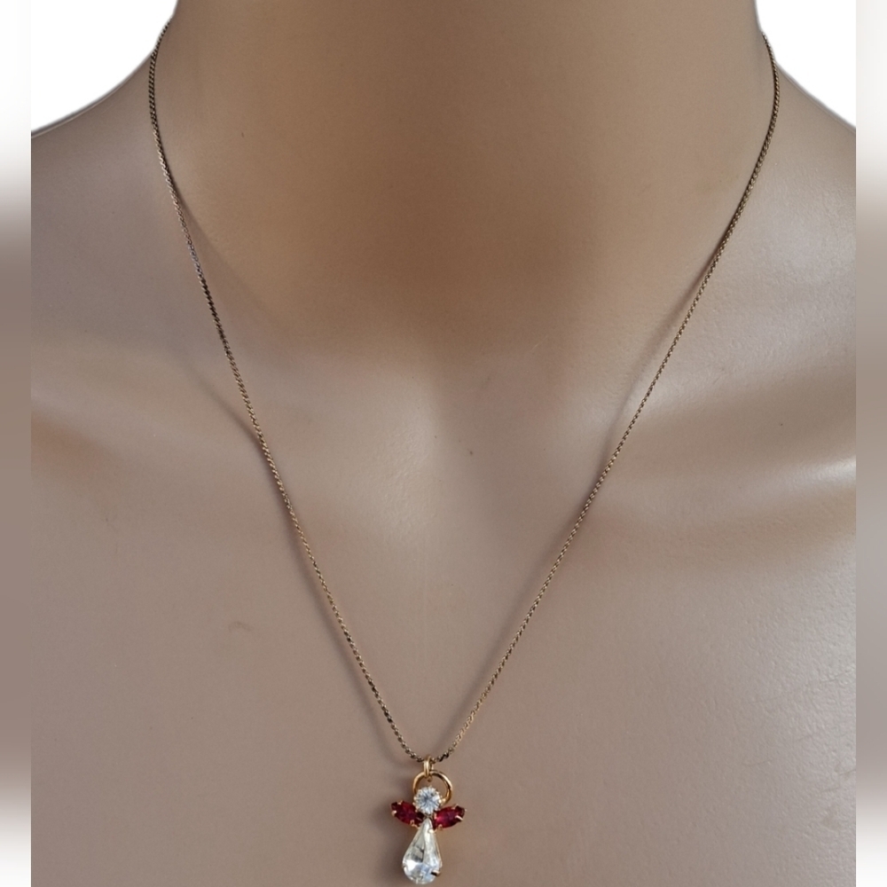 ❤️ Vintage Guardian Angel Necklace Red Ruby Clear Crystal Christmas Gift